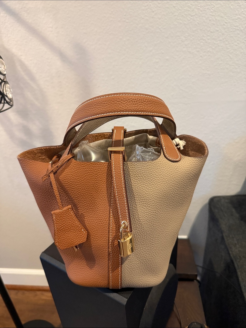 Two-Tone Tan and Beige Women's Leather Bucket Bag